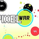 カラフルな円と四角形が散りばめられ、中央に「PIXEL WAR」というテキストが描かれた画像。