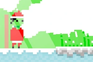 ピクセルアートスタイルで描かれた赤い衣装を着たキャラクターが、雪の上で立っている場面。