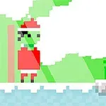 ピクセルアートスタイルで描かれた赤い衣装を着たキャラクターが、雪の上で立っている場面。