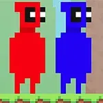 赤と青のピクセルキャラクターが隣り合って立っている。