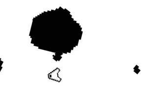 黒い多角形の大きな形と小さな形が白い背景に描かれているシンプルなイラスト。