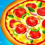 ピザの画像で、トッピングにはペパロニ、バジル、赤玉ねぎ、緑のピーマンが乗っている。