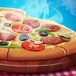 木製の皿に乗ったピザが、トマト、サラミ、オリーブ、マッシュルームなどの具材で飾られ、熱々で湯気を立てている。