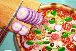 ピザの上にトマト、バジル、オニオン、ペパロニ、マッシュルームなどの具材がのっている。