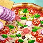 ピザの上にトマト、バジル、オニオン、ペパロニ、マッシュルームなどの具材がのっている。