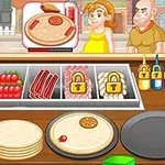 厨房のカウンターには、ピザ生地、トッピングの材料、電子レンジが並び、背景には客が並んでいる。