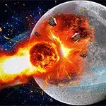 月に隕石が衝突し、爆発が発生している宇宙の様子。