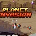 ドット絵の荒野の風景に「PLANET INVASION」という文字が浮かぶ場面。