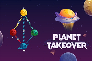 宇宙を背景に、カラフルな惑星と矢印で結ばれた構図、右側に「PLANET TAKEOVER」と書かれた文字と空飛ぶ円盤。