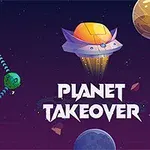宇宙を背景に、カラフルな惑星と矢印で結ばれた構図、右側に「PLANET TAKEOVER」と書かれた文字と空飛ぶ円盤。