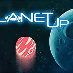 宇宙に浮かぶ青い惑星と赤い柱、光る文字「PLANET UP」。