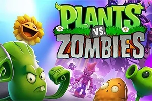 左側に怒った表情の植物と、右側にゾンビがいるカラフルなデザインのイラスト。