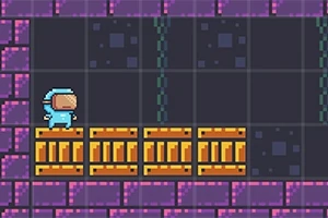 青い宇宙服を着たキャラクターが紫とオレンジのブロックでできたプラットフォームの上に立っている。