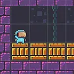 青い宇宙服を着たキャラクターが紫とオレンジのブロックでできたプラットフォームの上に立っている。
