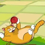 オレンジ色の猫が赤い毛糸玉と一緒に転がっているイラスト。
