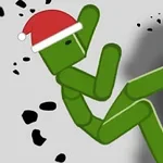 緑の棒人間がサンタ帽をかぶって、浮遊しているイラスト。