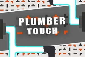 灰色とオレンジの背景の上に「PLUMBER TOUCH」という白い文字が描かれたデジタルデザイン。