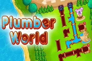 カラフルなパイプのパズルとキャラクターが描かれた緑豊かな風景。