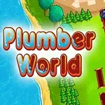 カラフルなパイプのパズルとキャラクターが描かれた緑豊かな風景。