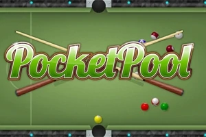 緑のビリヤード台の上に「Pocket Pool」のロゴとビリヤードキューが交差して置かれており、周りにビリヤードボールが配置されています。