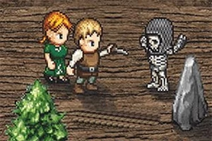 緑の服を着た女性と茶色の服を着た男性が、スケルトンと向かい合っているレトロなドット絵風のシーン。