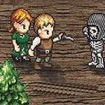 緑の服を着た女性と茶色の服を着た男性が、スケルトンと向かい合っているレトロなドット絵風のシーン。