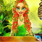 赤い髪と緑の服を着た女性が、植物に囲まれた場所で、逆さまに吊るされた人と共にいる。
