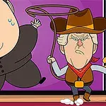 カウボーイの衣装を着た人物が白いスーツのキャラクターを追いかけているアニメーション風のイラスト。
