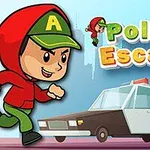 赤いフードをかぶったキャラクターが警察車両の前で走っている。