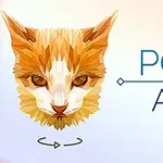 ポリゴンスタイルの猫の顔が中央に描かれ、「POLY ART」というテキストが右側に表示されている。