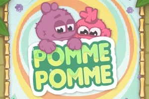 2匹のカラフルなキャラクターが「POMME POMME」と書かれた看板を持っているイラスト。