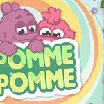2匹のカラフルなキャラクターが「POMME POMME」と書かれた看板を持っているイラスト。