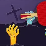 青色のゾンビの手が卓球ラケットを持ち、他の手が墓地から突き出ているイラスト。