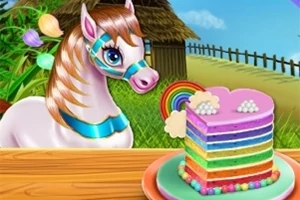 カラフルな虹色のケーキと白馬が庭のテーブルで並んでいる。