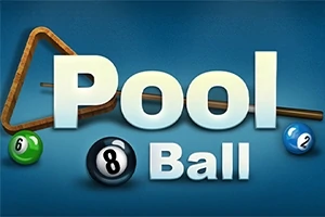 ビリヤードの三角ラック、キュー、数字ボール6、8、2が配置された青い背景に白い文字で「Pool Ball」と書かれた画像。