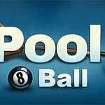 ビリヤードの三角ラック、キュー、数字ボール6、8、2が配置された青い背景に白い文字で「Pool Ball」と書かれた画像。