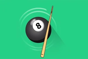 緑色の背景に、ビリヤードの8番ボールとキュー。