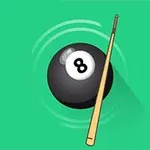 緑色の背景に、ビリヤードの8番ボールとキュー。