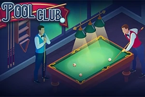 ビリヤード台でプレイする二人の男性のイラスト。