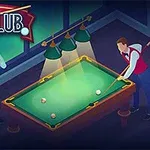 ビリヤード台でプレイする二人の男性のイラスト。