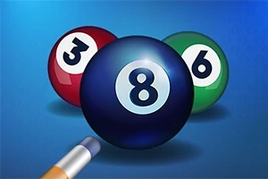 赤、青、緑のビリヤードボール（数字3、8、6）とキューが青い背景に描かれている。