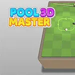 ビリヤード台の上に白と黒のボールがあり、左上には「POOL 3D MASTER」というカラフルな文字が表示されています。