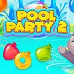 プールでスイミングゴーグルをかけた笑顔のアニメキャラクターと色とりどりの浮き輪が水遊びを楽しむ様子。