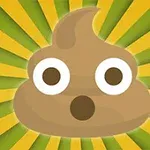 かわいらしい顔のうんちの絵文字が、緑と黄色の放射状の背景に描かれている。