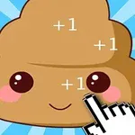 青い背景に、顔が描かれた茶色のキャラクターと、クリックする手のアイコンが表示されています。
