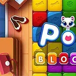 カラフルなブロックの背景に猫のキャラクターがいて、「POP BLOCKS」という文字が書かれた画像。