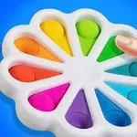 カラフルな花型のポップイットおもちゃを指で押している様子。