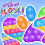 カラフルなプッシュポップのおもちゃと「POP IT FIDGET NOW」と書かれた文字が背景に配置された画像。