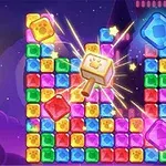 カラフルなブロックが並び、中央には星形の光を放つハンマーが描かれている。