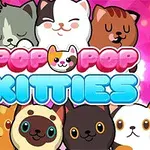 カラフルな背景に8匹の可愛らしい猫と「POP POP KITTIES」と描かれたテキスト。